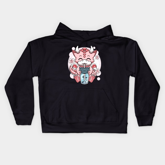 Kawaii Boba Tea Bubbles Cute Anime Little Dragon Lovers Girl Kids Hoodie by MerchBeastStudio